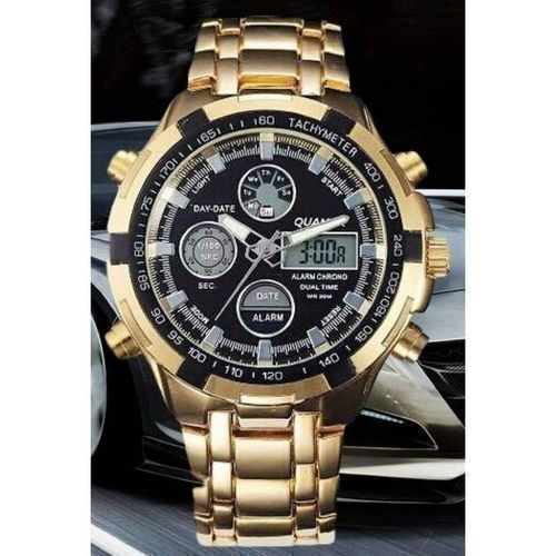 Montre Homme Quamer Analogique Et Numerique Avec Chrono Intégré - Or Fond Noir