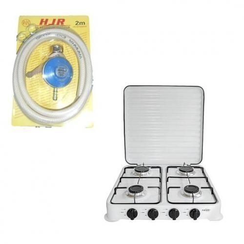 Réchaud Cuisinière De Table 4 Feux Avec Couvercle Strié En Inox + Kit Raccord Et Détenteur De Gaz Blanc