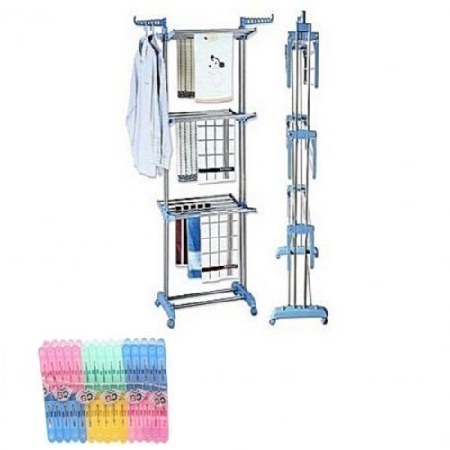 Séchoir Inox 3 Niveaux Avec Roues + 2 Paquets De Pince à Linge