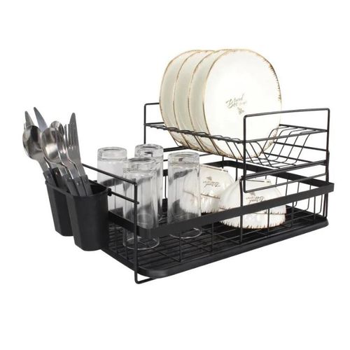 Égouttoir à Vaisselle WL-FX05 – Organisateur de Cuisine à 2 Niveaux – Structure en Métal Noir Antirouille avec Porte-Couverts Double & Plateau de Drainage Amovible