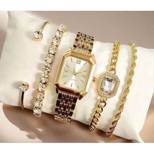 Coffret 5 Pièces Montre Quartz Femme Cadran Carré Doré Chiffres Romains avec 4 Bracelets Assortis Jonc Zircon Cristal Bracelet Tennis Chaîne Tressée Dorée Pendentif Gemme Parure Complète Élégante Soirée Mariage Bureau Femme