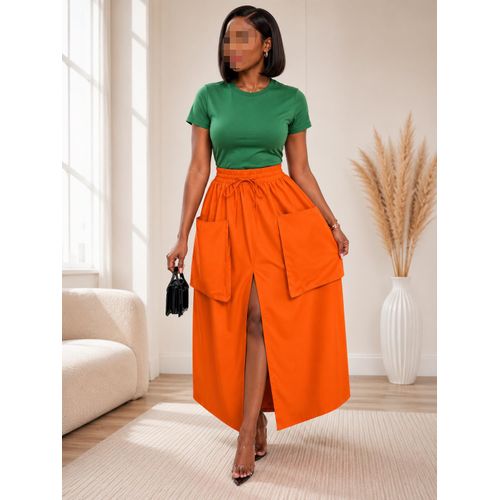Jupe Longue Orange à Grandes Poches & Top Vert – Femme Chic
