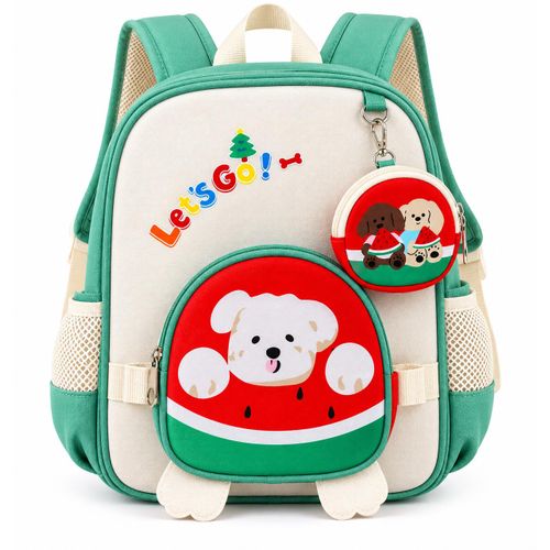Sac à Dos Enfant Vert Menthe et Rouge avec Motif Chien – Sac Scolaire avec Mini Sac Amovible