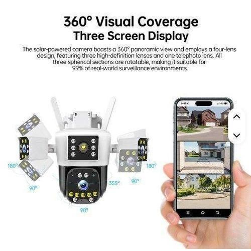 Fly Caméra énergie Solaire 2-Panneaux 4EN1 Rotatif - 4 Objectif 360 90 120 Full-HD 4K 12MP/8MP WiFi-4G Carte Sim Alarme batterie intégrée