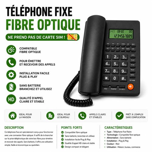 Téléphone Fixe Compatible Fibre Optique – Sans Carte SIM – Plug & Play
