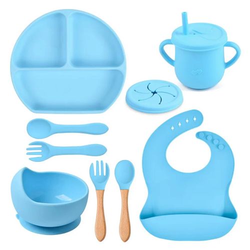 9 pièces Ensemble assiette pour la nourriture de bébé en silicone/kit de l'alimentation bébé 9pieces/coffret assiette bébé couleur bleu