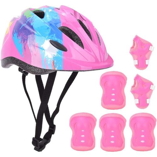 Ensemble de protection 7 pièces : Casque, genouillères et coudières - Rose