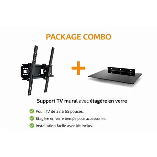 Pack Support mural TV inclinable ( 26 - 55 ) + Étagère en verre – Noir