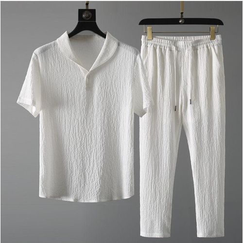 Ensemble T-shirt à manches courtes et pantalon uni texturé – Tissu texturé confortable, tenue quotidienne minimaliste