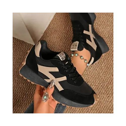 Baskets Femme Sport & Casual – Chaussures Confortables À Lacets – Semelle Antidérapante – Noir & Beige