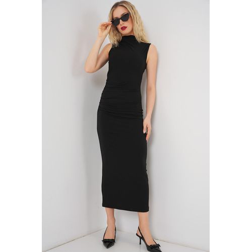 Robe Drapée Sans Manches Froncée Pour Femme 2579 - Noir