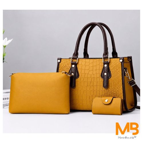 MBK Sac à main moutarde effet crocodile et ses 2 pochettes assorties