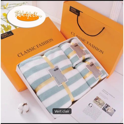 Pack De 3 Serviettes De Bain Rayées Douces & Absorbantes – Ensemble Serviettes De Luxe, Grande Serviette + Visage + Main – Confort Luxe & Élégance Quotidienne - Vert Blanc