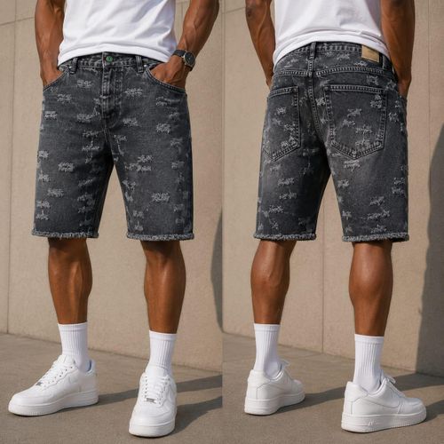 Short Denim Gris Délavé Effet Griffé – L'Esprit Streetwear