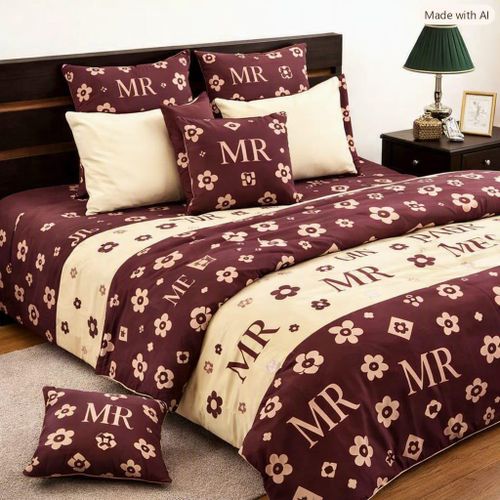 Parure de Lit Élégante Bordeaux & Crème MR - 2 Draps de 2 places +4 taires 100 % coton confort +
