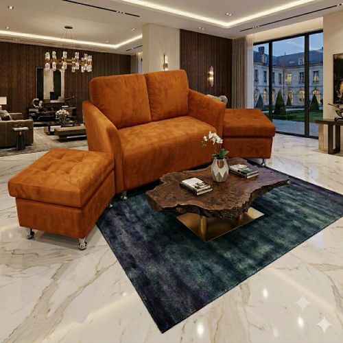 Canapé Modulable ÉLÉGANCE 2 Places en Velours Premium Orange + 2 Poufs Assortis
