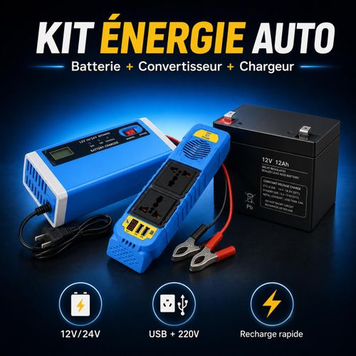 Kit Énergie Auto 12V Batterie 12Ah, Convertisseur 220V & Chargeur