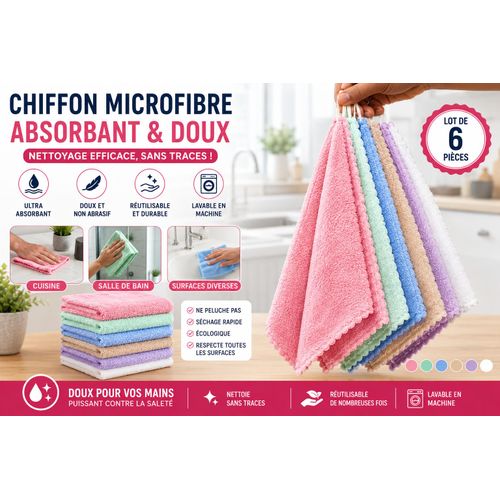Chiffon microfibre absorbant et doux – Lot de 6 pièces