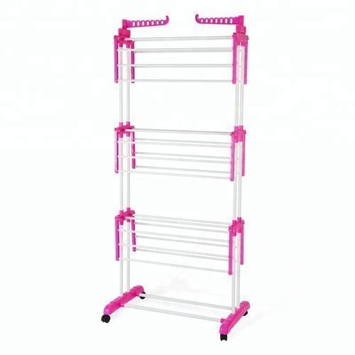 Séchoir 3 Niveaux Multifonction Avec Roues Pour Sécher Des Vêtements - Rose