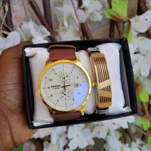Box cadeau hommes composé de montre marron fond blanc et bracelet noir bordé de Dorée 45cm En Acier Inoxydable pendentif rond idéal cadeau pour saint valentin , anniversaire, mariage