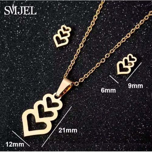 Ensembles chaîne et boucle d' oreilles Doré 45cm En Acier Inoxydable pendentif 3 cœur superposé, bijoux porte bonheur idéal cadeau pour saint valentin , anniversaire, mariage