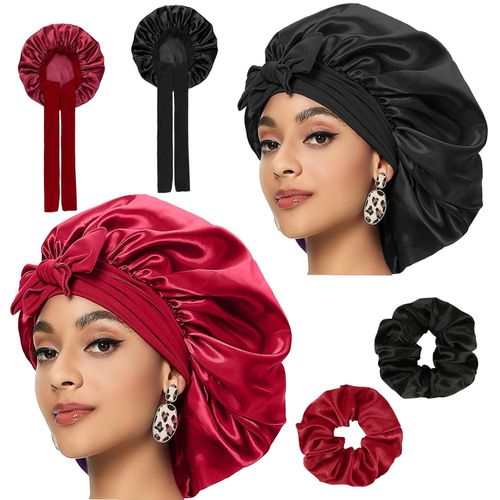 Pack of 2 Bonnet, Satin Hair Cap, Sleep Cap, Silk, Curl Cap, Silk Bonnet for Sleeping, Hair Protection for the Night, Silk Bonnet Sleep Cap with Elastic Band for Women