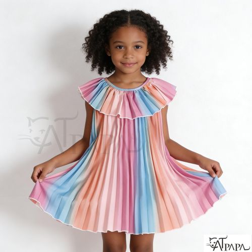 Vente Flash Sans Réappro!4-7 Years Kid Girl Summer Dress Sleeveless Rainbow Pleated Dress Child Girl Princess Dress Fashion Cute Style Baby Girl Party Wear