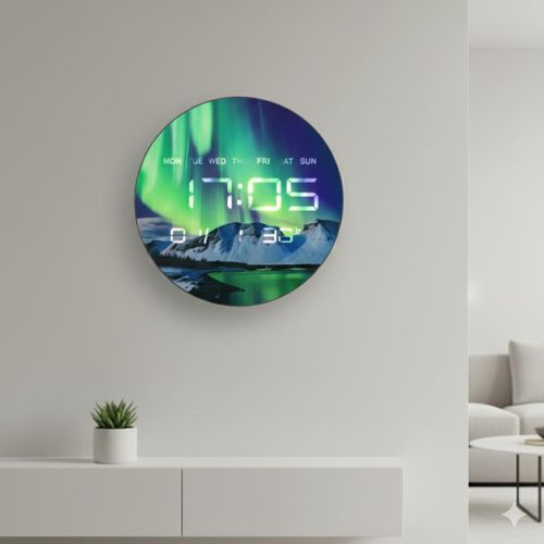 Horloge Murale LED Numérique 3D - Design Aurores Boréales & Paysage Montagne - Silencieuse, Dimmable, USB - Décoration Artistique Moderne