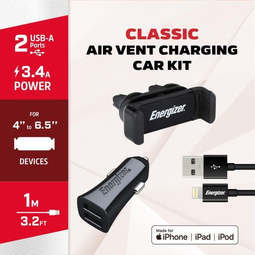 Kit voiture - 3.4 A - 2 USB - Câble Lightning Inclus/Compatible MFI - Charge et Synchronisation Rapide - Noir