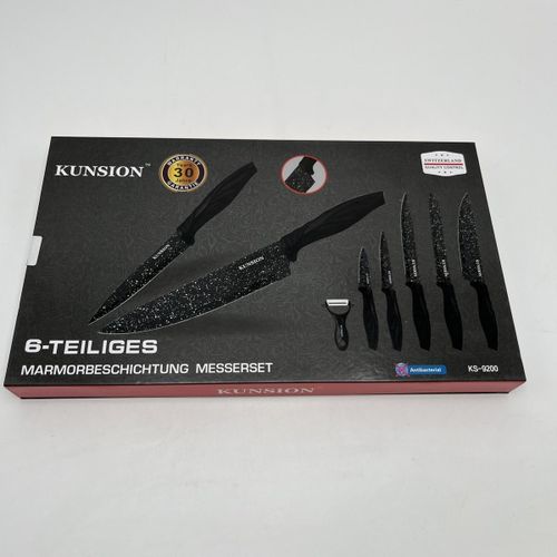 Set de 6 Couteaux de Cuisine KUNSION avec Éplucheur – Revêtement Marbré – Noir