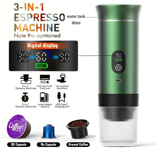Machine à expresso 3 en 1 – Capacité de 80 ml, utilisation par simple pression, compatible avec les grandes et petites capsules ainsi que le café moulu – Vert
