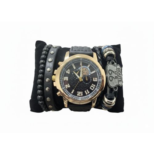 Coffret Montre Quartz Dorée & Bracelets Route 66 - Noir