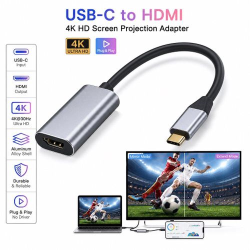 Adaptateur câble USB C à HDMI 4K 30Hz, convertisseur de type C à HDMI, boîtier en aluminium, pour MacBook, iPad Pro, Samsung Galaxy et plus