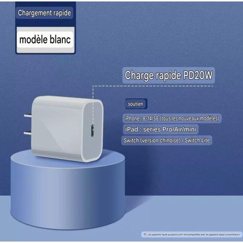 Chargeur Rapide USB-C PD 20W - Prise US (Tête Seule) - Blanc