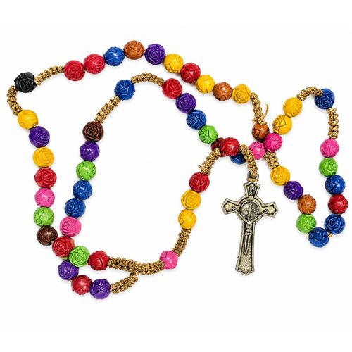 Chapelet Catholique Perles Multicolores en Forme de Rose Avec Croix Métallique – Accessoire de Prière et de Dévotion
