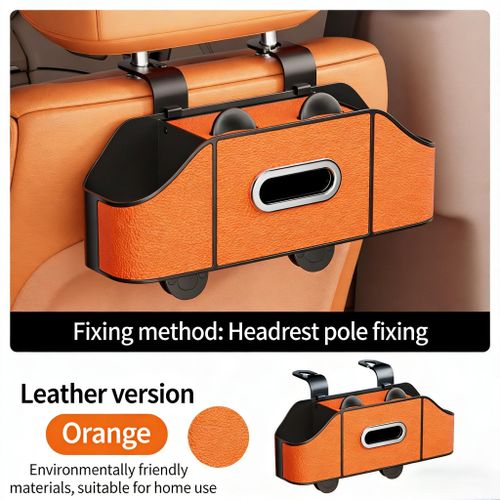 Organiseur de Dos de Siège Auto Multifonctionnel avec Boîte à Mouchoirs, Porte-Gobelets & Crochets Rangement Auto en Cuir Premium pour Intérieur de Voiture Rangé - Orange