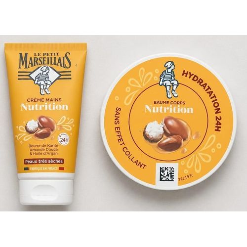 Duo : Baume Corps Hydratant Nutrition 300ml + Crème Main Hydratant Nutrition 75ml LE PETIT MARSEILLAIS Au Beurre De Karité Amande Douce et Huile D'argan Peaux Très Sèches Importé De France