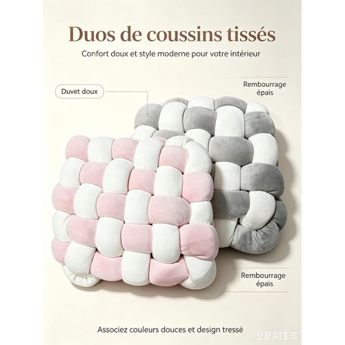 Lot de 2 coussins carrés tissés velours épais 30×30cm, rose-blanc bicouleur + gris-blanc bicouleur, confort longue durée multi-usage