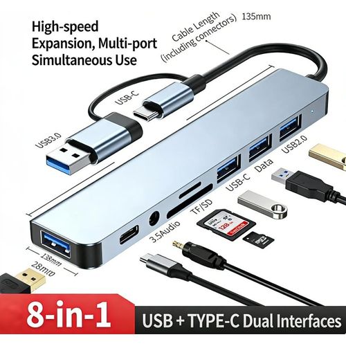 Hub USB-C 8-en-1, Adaptateur Double Interface USB-C & USB-A, 4 Ports USB, Lecteur Carte SD/TF, Jack Audio 3.5mm