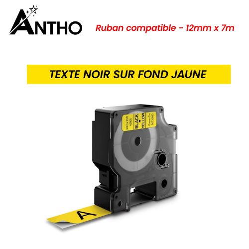 Dymo D1 étiquettes Autocollantes - Impression en noir sur fond jaune - 12 MM X 7 M