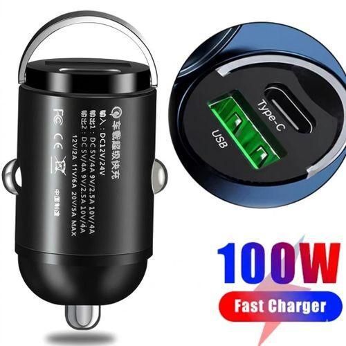 Chargeur de Voiture Mini 100W - Double Port USB + Type-C 22.5W - Charge Rapide Invisible et Ultra-Compacte - Corps en Métal