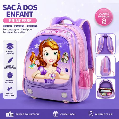 Sac à Dos Scolaire Enfant Fille Princesse CM1-CM2 – Grande Capacité – Violet/Rose