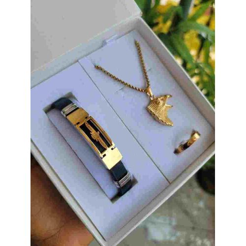 Bijoutique doré plaque pendentif tête d'aigle zircon doré Ensemble aigle homme bracelet homme bijoux homme bague chaîne mode amour cadeau Fête des pères St Valentin cadeau de Noël mariage baptêmes cadeau anniversaire mode inox