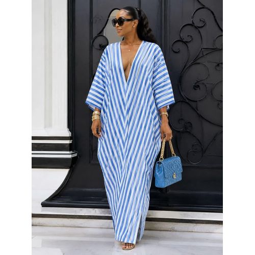 Boubou Caftan à Rayures Bleues et Blanches