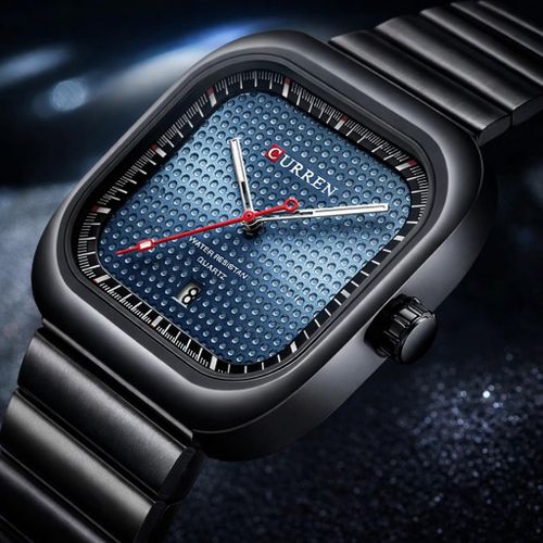 Montre Homme CURREN Luxe Carrée – Bracelet Acier Noir, Cadran Bleu Texturé, Étanche, Quartz Premium. Curren 8460