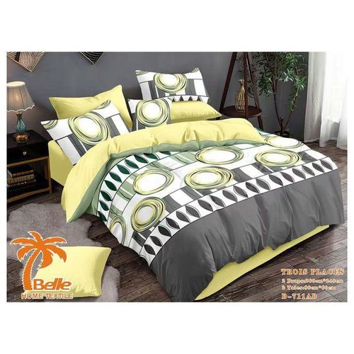 KIT DE Parure de lit 4 pièces taille 260x240cm motifs géométriques vert blanc marron, literie microfibre double face adulte 2 housses de couette + 2 taies 80*60cm HG