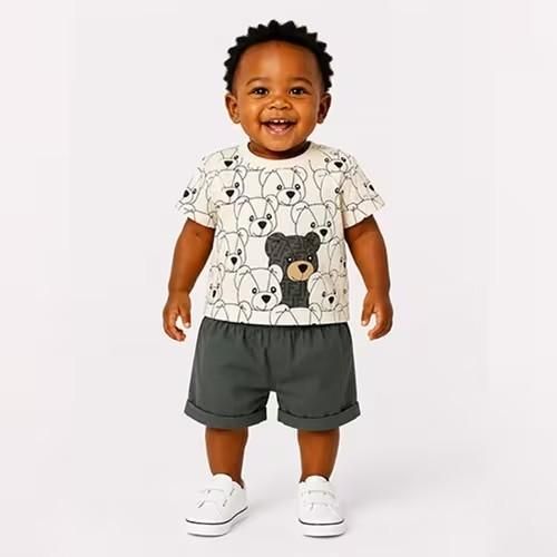 Ensemble coton garçon – motif nounours (6 à 12 mois) - Vert
