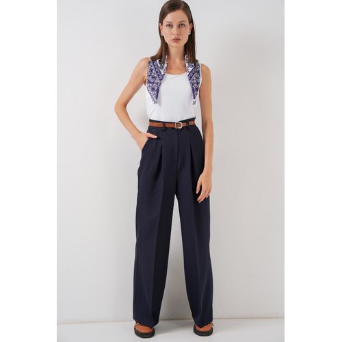 Pantalon Palazzo Taille Haute Pour Femme 30051 - Bleu Marine