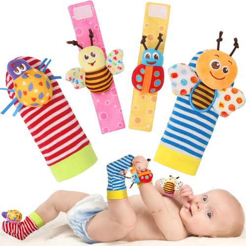 Ensemble de hochets pour bébé de 4 pièces, jouet d'apprentissage précoce pour bébés de 0 à 12 mois, bracelets et chaussettes pour bébé