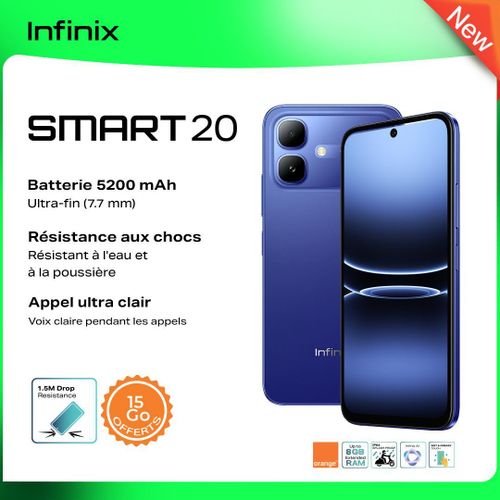 Smart 20 - 128Go + 4 Go - 6.78''- 8 MP - 5200 mAh - Bleu - 12 Mois Garantie